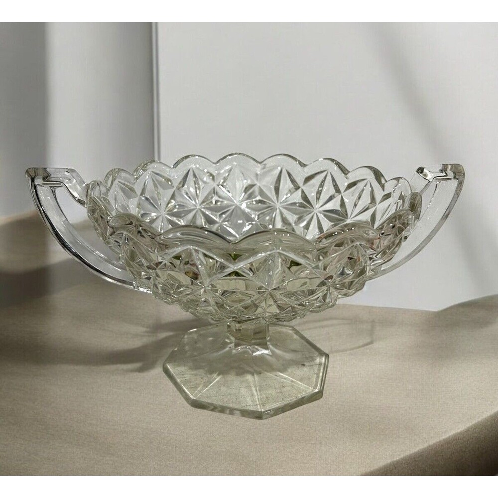 Vtg Pressed Glass Compote Bowl with Trophy Handles Loving Cup Shape Clear